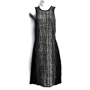 MeTaLLiC KNiT Carmen Marc Valvo Designer Dress Bodycon Stretch Black Cream Gold